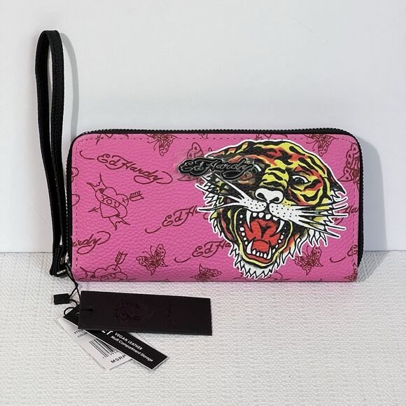 Ed Hardy Zip Around Wallet Wristlet Pink Tiger Vegan Leather Card Slot Pockets - Picture 3 of 14